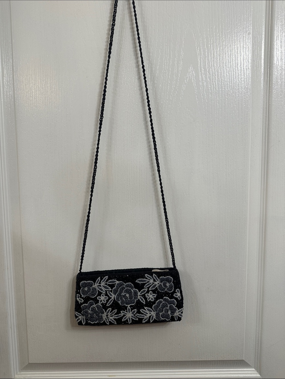 Vintage Black Clutch with White Floral Beading